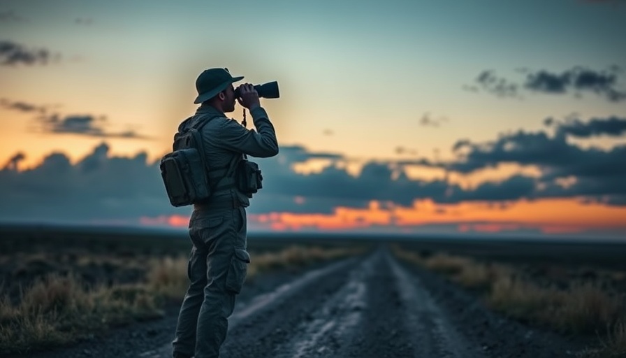Soldier on dirt road observing with binoculars at dusk in open landscape during Russia Ukraine military offensive.