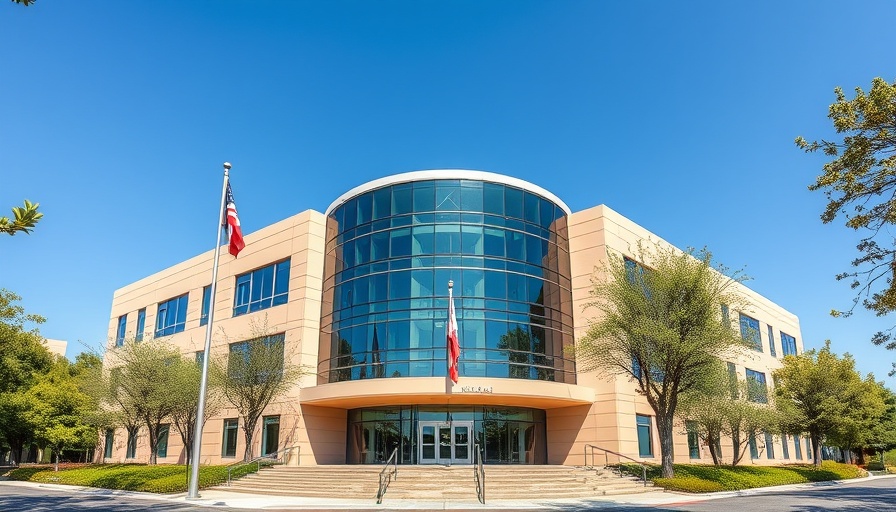 Hayward City Hall facade with flags under clear sky