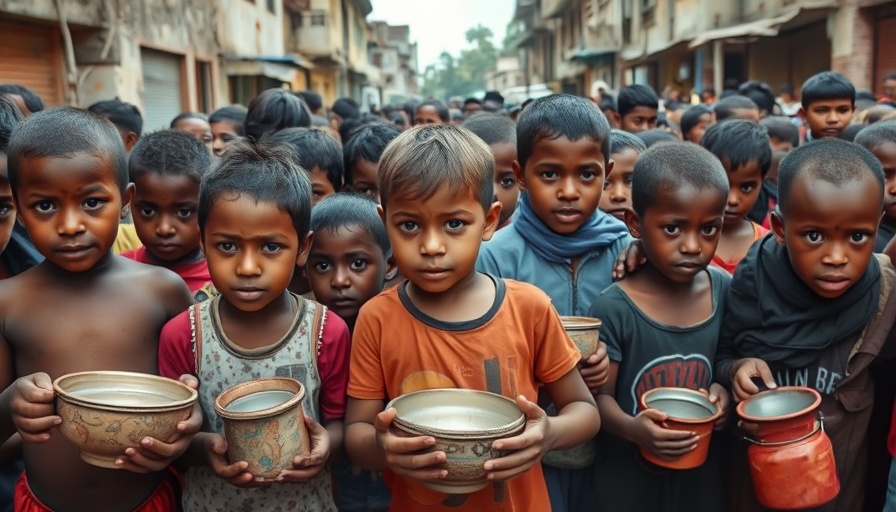 Children holding empty pots during Gaza hunger crisis in an urban area.