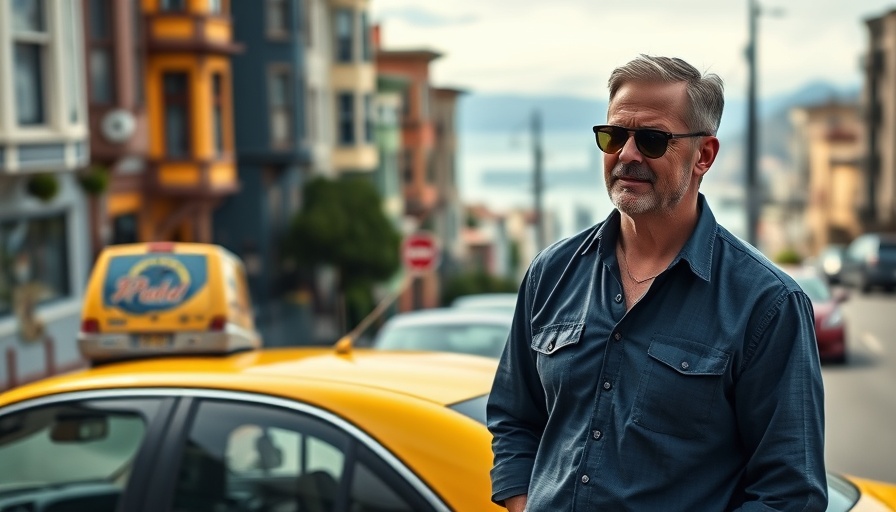 San Francisco taxi driver standing confidently next to his yellow cab.
