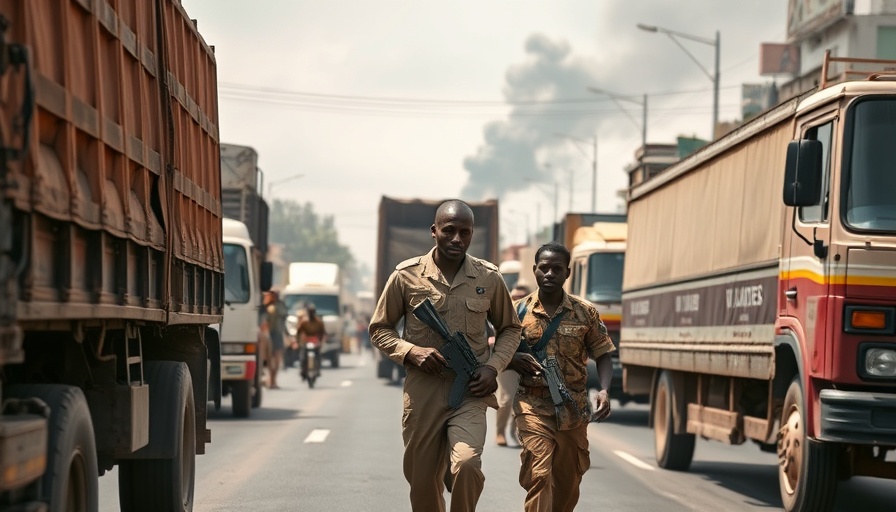 West Africa road scene with trucks and rising smoke.