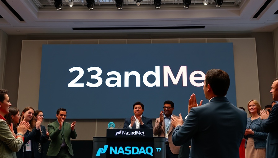 Group celebrating at Nasdaq event with 23andMe branding.