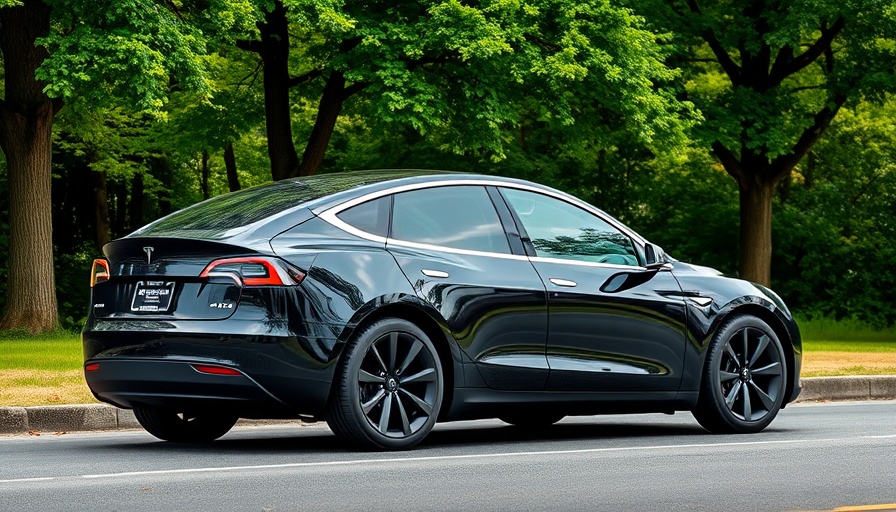 Sleek black Tesla Model Y parked roadside, greenery background.