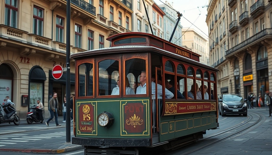 Vintage trolley with passengers in an urban city setting
