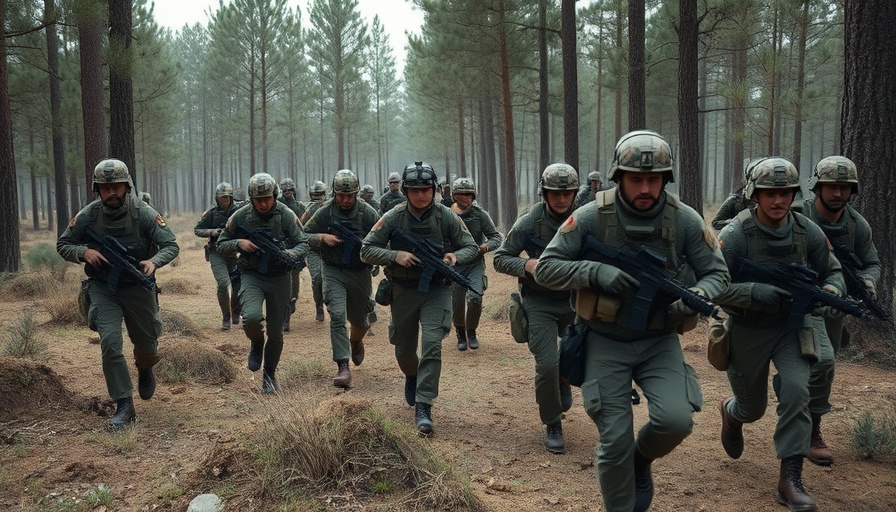 Soldiers in tactical gear move through a pine forest, Ukraine drone strikes Russian air bases.