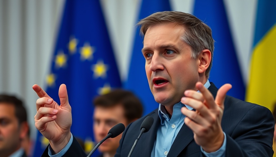 Man addressing audience with EU and Ukrainian flags in background.