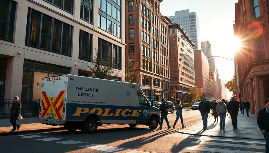 San Francisco street scene with pedestrians and police truck.