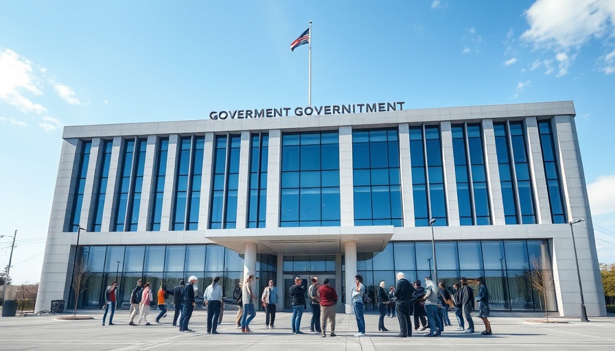 Front view of a modern government building in San Mateo County with people gathered outside.
