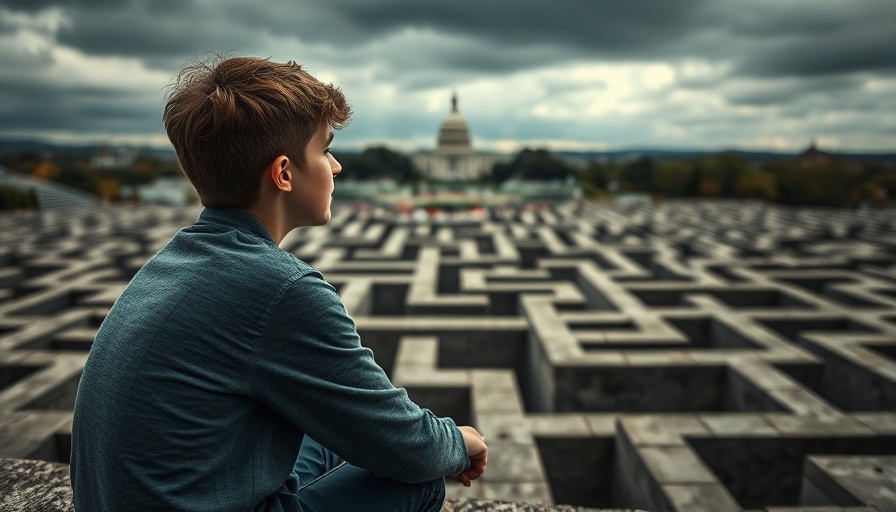 Contemplative individual facing maze and Capitol dome, symbolizing government efficiency.