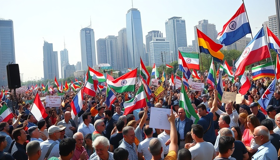 Crowd celebrating with flags at political rally in South Korea.