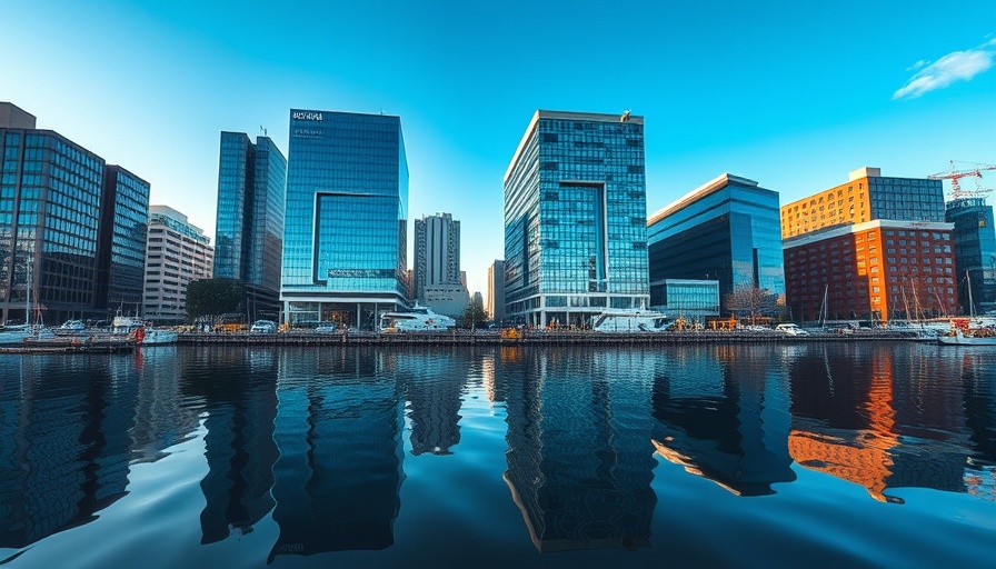 PG&E Oakland headquarters modern glass buildings reflecting on water