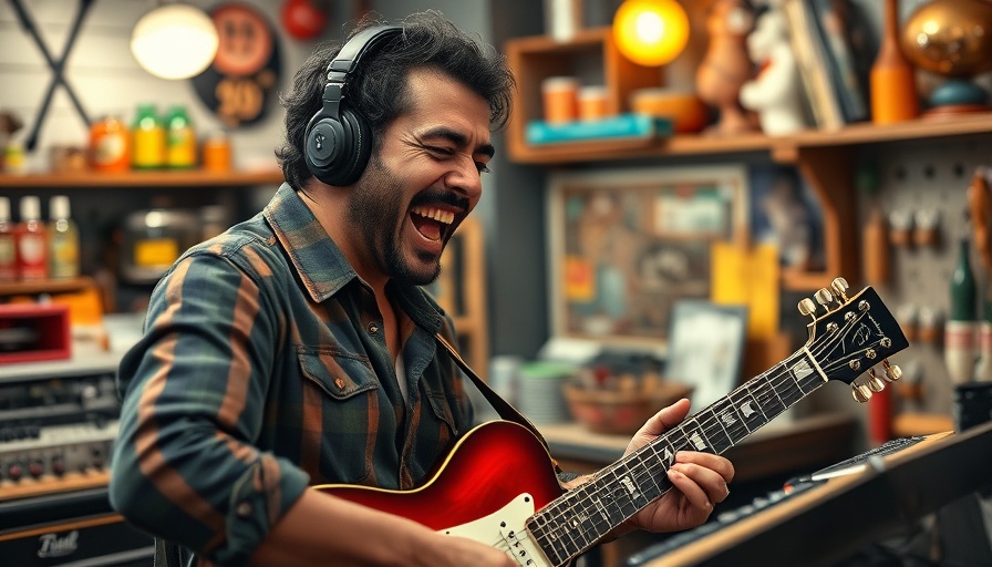 Musician performing at vibrant Tiny Desk concert with eclectic decor.