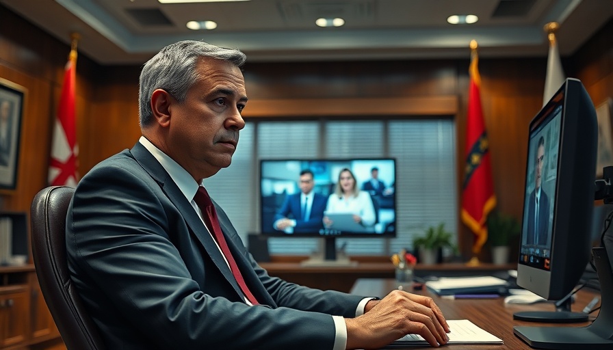 Serious man in office during a video conference regarding drone strikes.