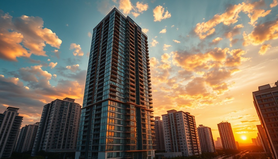 Tallest apartment tower in Berkeley at sunset sky, modern architecture.