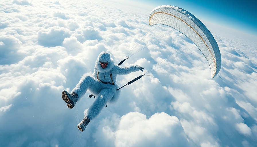 Frozen paragliding adventurer above clouds in clear sky, AI in Media Authenticity.