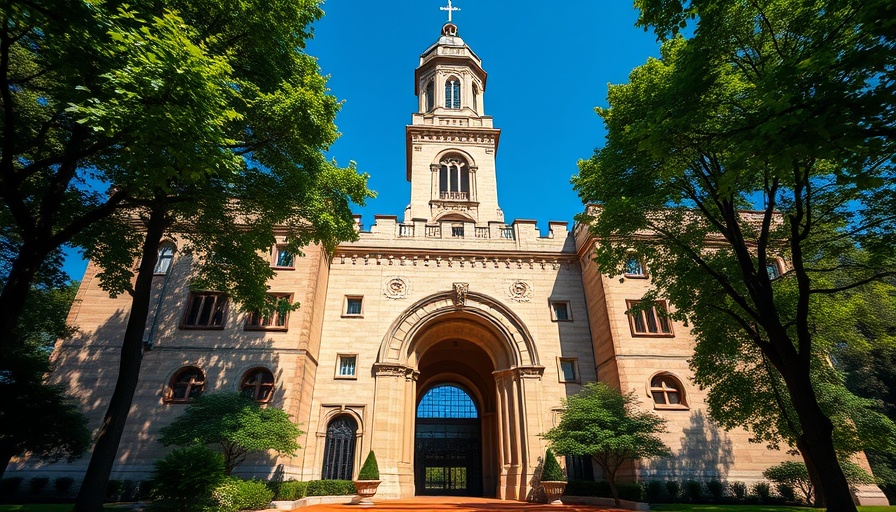 Historic art institute building with tower and archway.