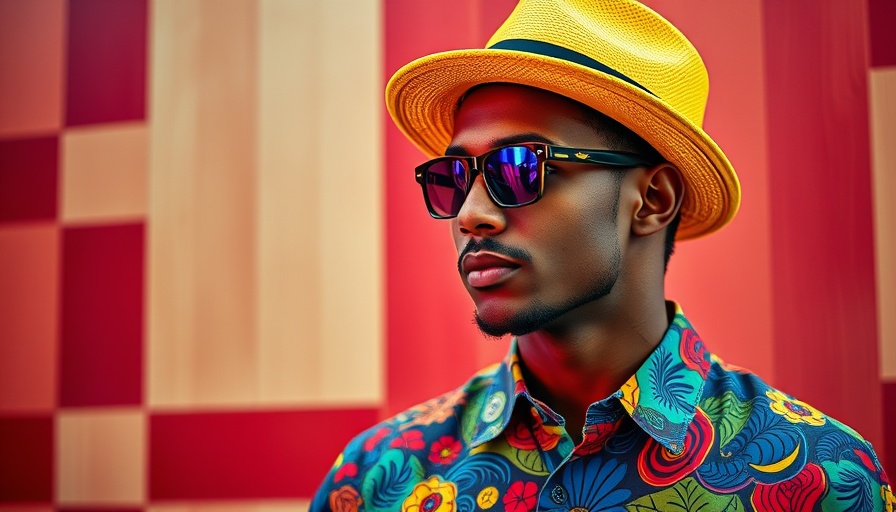 Stylish man with yellow hat and colorful shirt against checkered background.