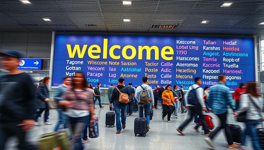 Travelers in airport terminal, highlighting global movement.