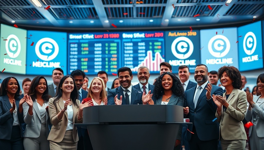 San Francisco Health Tech IPO celebration with business group at podium.