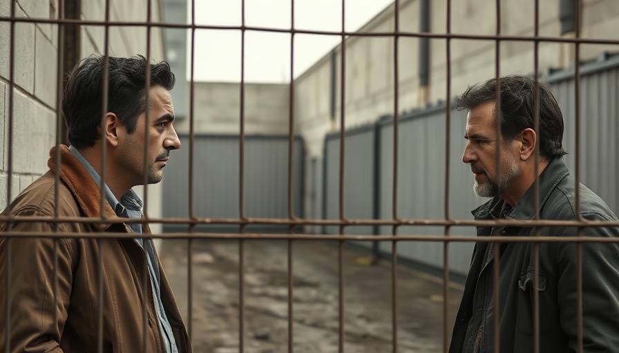 Individuals converse behind a fence in an industrial setting.
