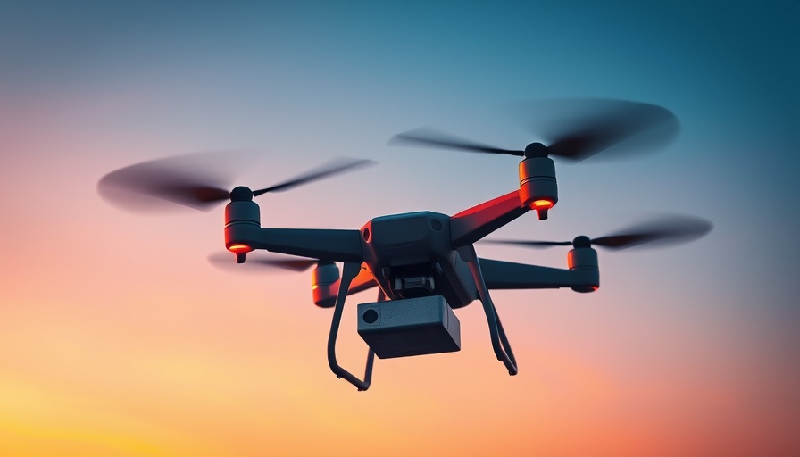 Drone carrying package in blue sky, highlighting U.S. drone manufacturing.