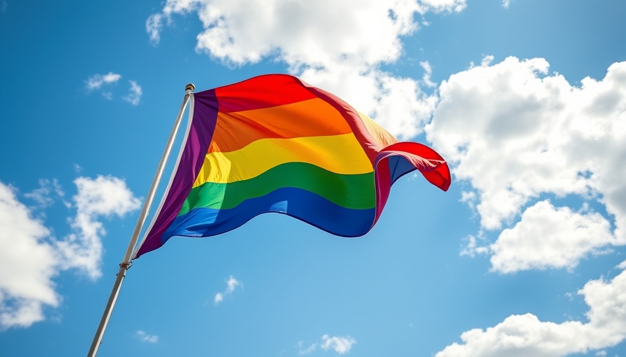 Colorful rainbow pride flag waving against a blue sky
