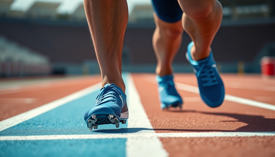 Athlete in blue spikes at starting line related to Clara Adams Disqualification.