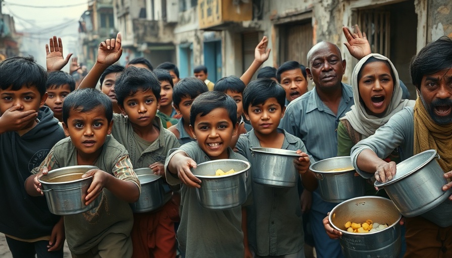 Gaza hunger crisis: people reaching with empty pots amidst malnutrition.