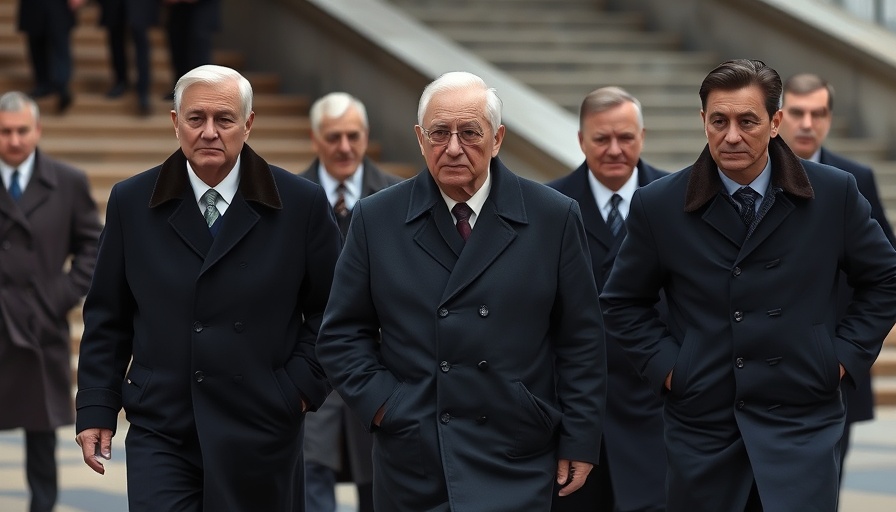 Officials walking solemnly at an outdoor event, dark coats, stairs behind.