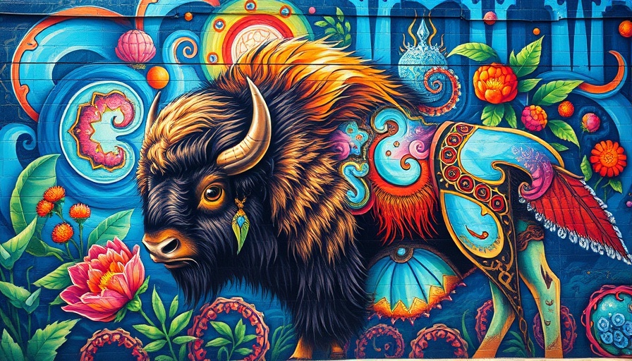 Colorful bison mural San Francisco, vibrant fantasy art.