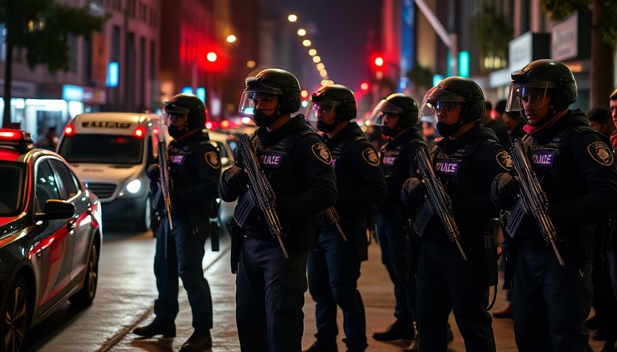 Law enforcement officers at nighttime protest in L.A.