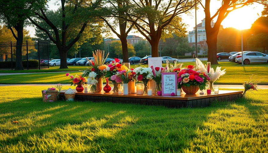 Memorial with flowers and candles in park related to Travis Decker manhunt.
