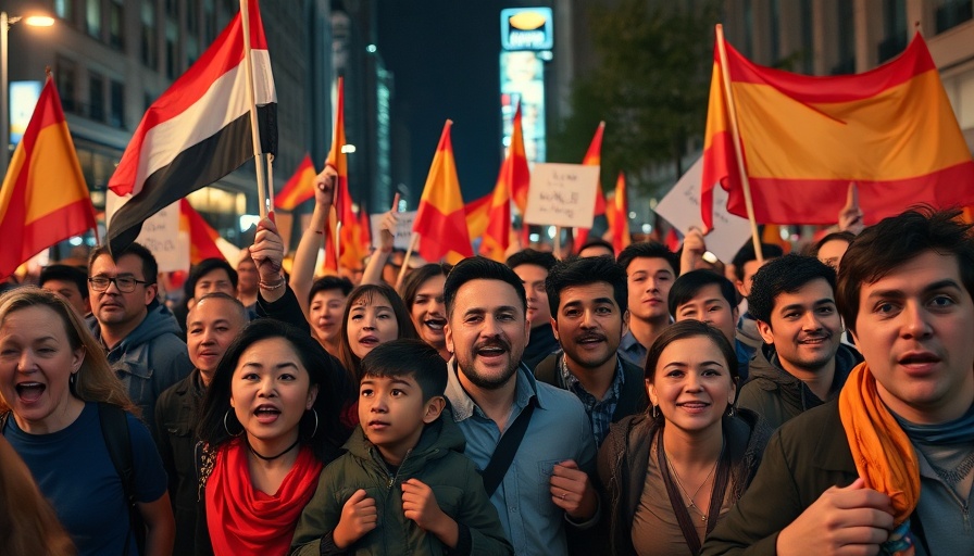 Protestors in Israel rally with flags and banners at night.