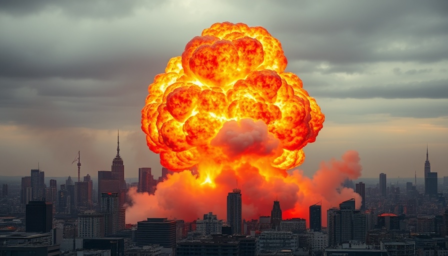 Dramatic explosion over a city skyline with fiery cloud.