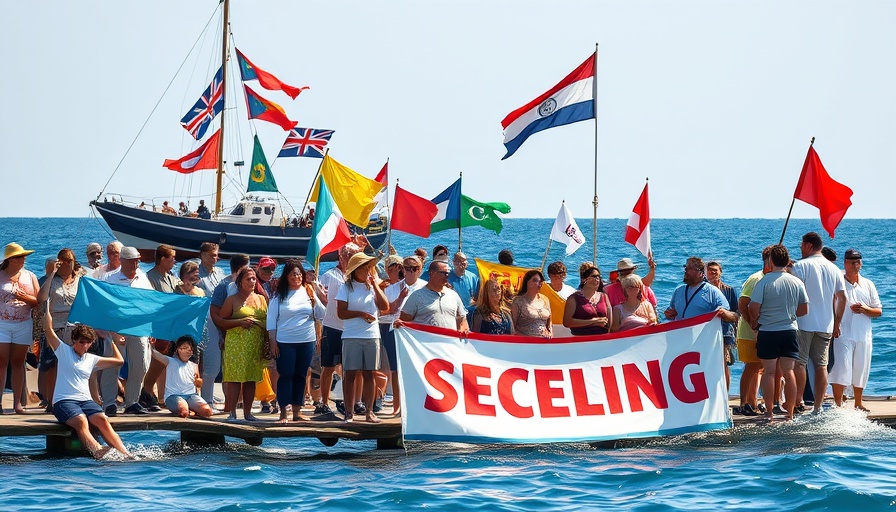 Humanitarian aid Gaza conflict demonstration by the sea with flags and boat.