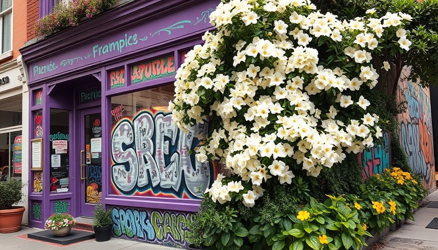 San Francisco local news: Colorful street art and flowers outside a building.