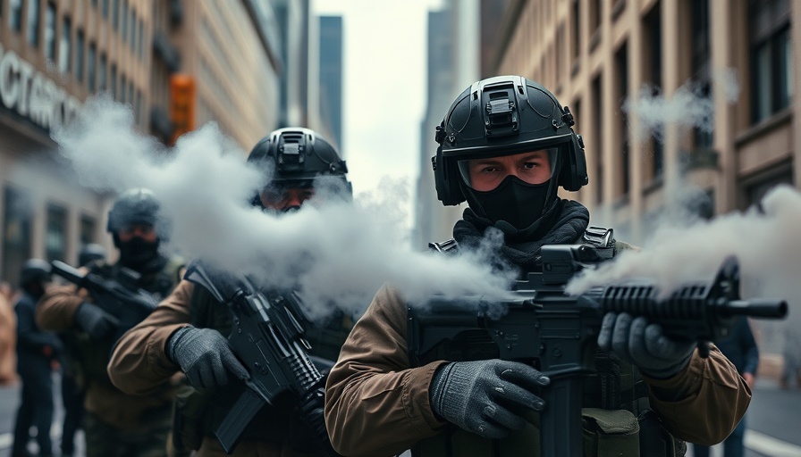 National Guard Deployment Los Angeles scene with military personnel using tear gas in urban setting.