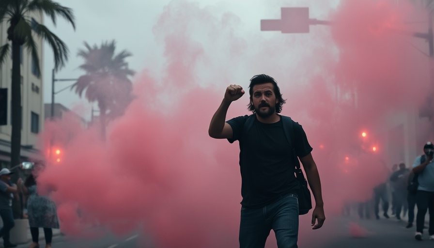 Protester amidst tear gas in L.A. during National Guard deployment.