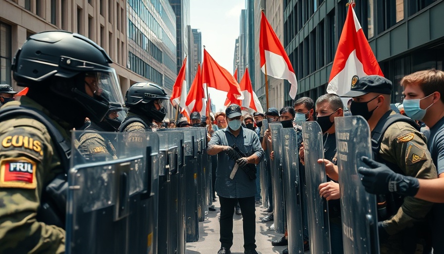 Protesters confront military personnel, highlighting militarization of immigration enforcement.