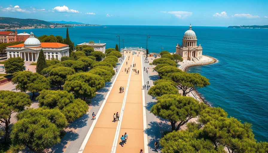 Serene view of Crimea promenade with people walking and historic scenery.