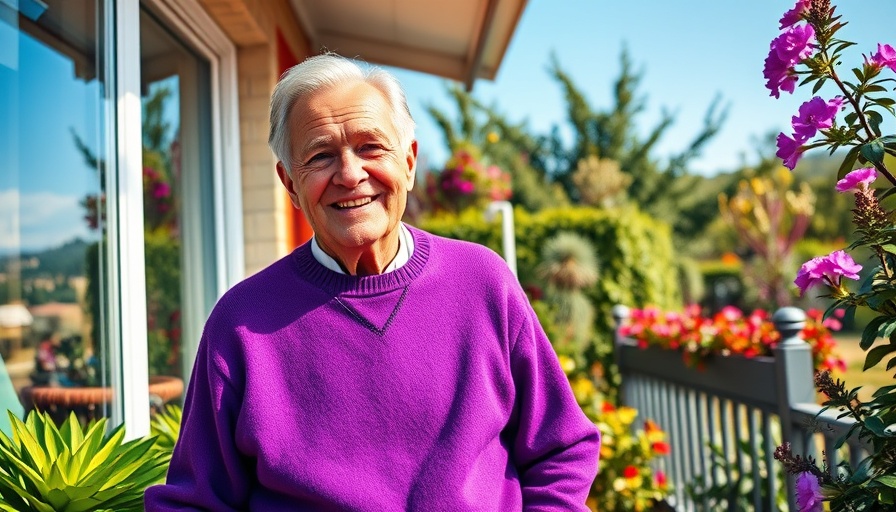 Elderly man smiling on a sunlit balcony with lush greenery.