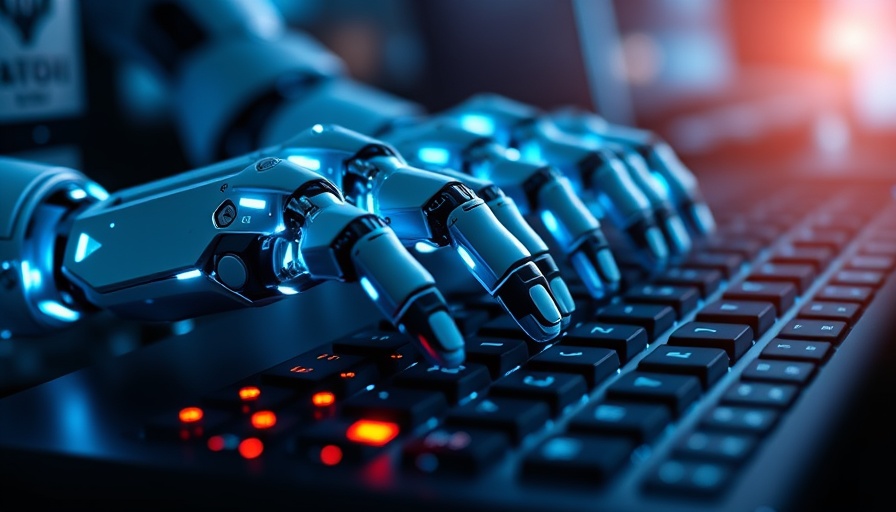 AI tools in job market scams: robotic hands on keyboard with blue glow.