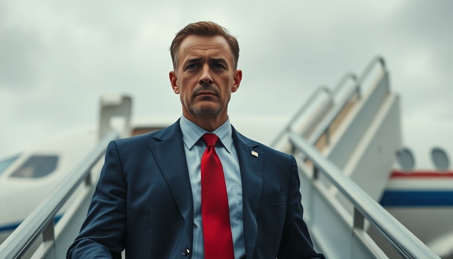 Formal man descending airplane stairs, reflecting on travel policies.