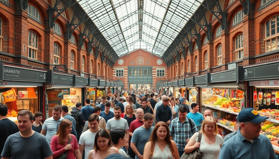 Bustling scene at Ferry Building with shops and crowd