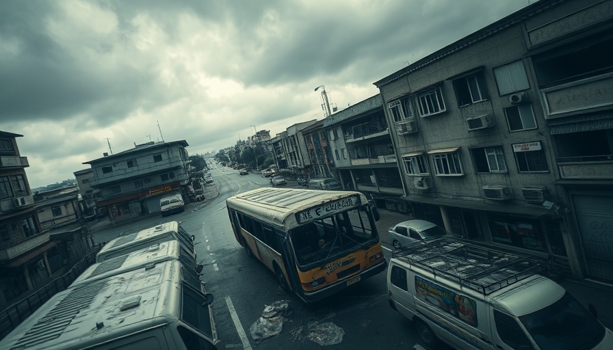Urban area in Peru with burned bus and rundown buildings, symbolizing gang violence and extortion.