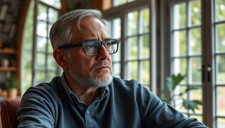 Thoughtful middle-aged man in glasses seated inside with open windows.