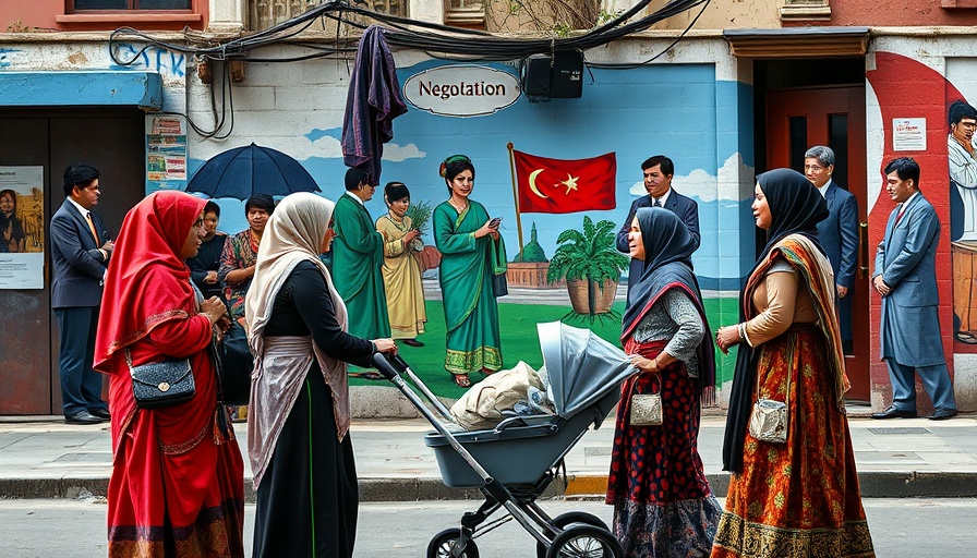 Women walk past colorful mural in Iran, related to nuclear talks.