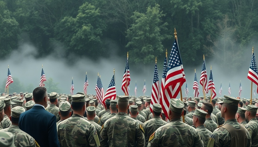 Large group of soldiers with American flags listening to a speaker.