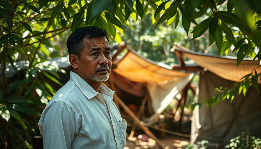 San Jose Shelter Policy, man observing makeshift shelter in dense greenery.