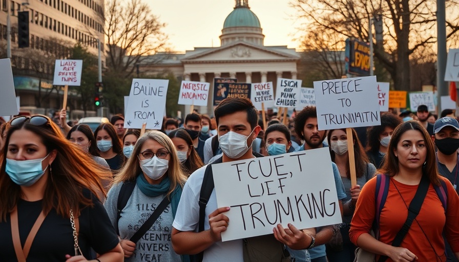 Protesters against immigration raids marching at sunset.